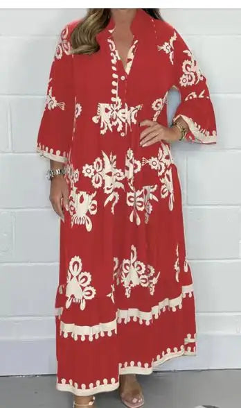 2024 Autumn Fashion New Women's Commuting Style Casual Printed Dress Loose Single Breasted Horn Sleeve Elegant Dress