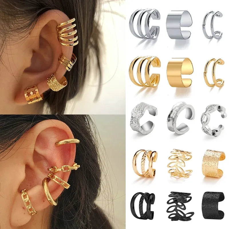 KOTiK 2024 New Gold Silver Color Leaves Clip Earrings for Women Fashion Ear Cuff Non-Piercing Earrings Set Trend Jewelry Gift