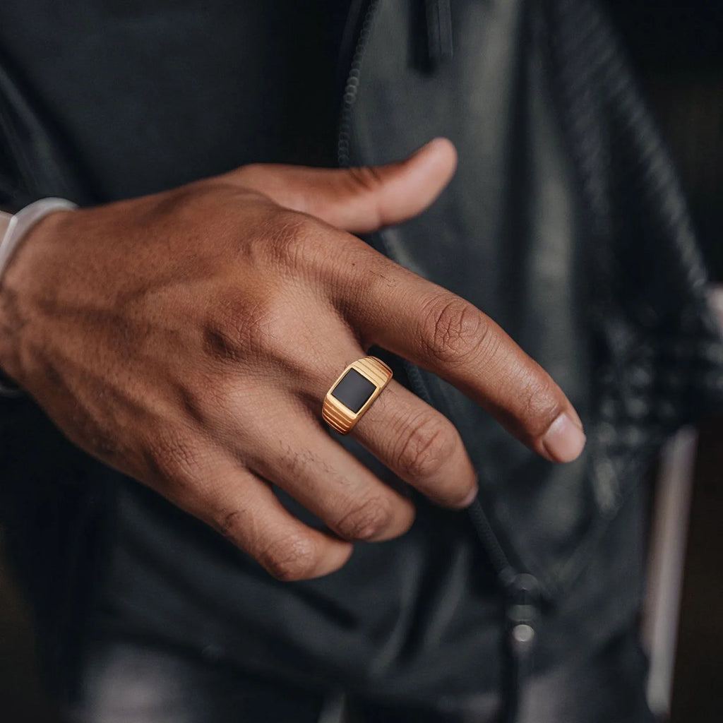 Black Stone Ring for Men,Gold Color Stainless Steel Square Ring Thumb Ring Signet Ring Wedding Ring,Classic Trendy Jewelry Gift