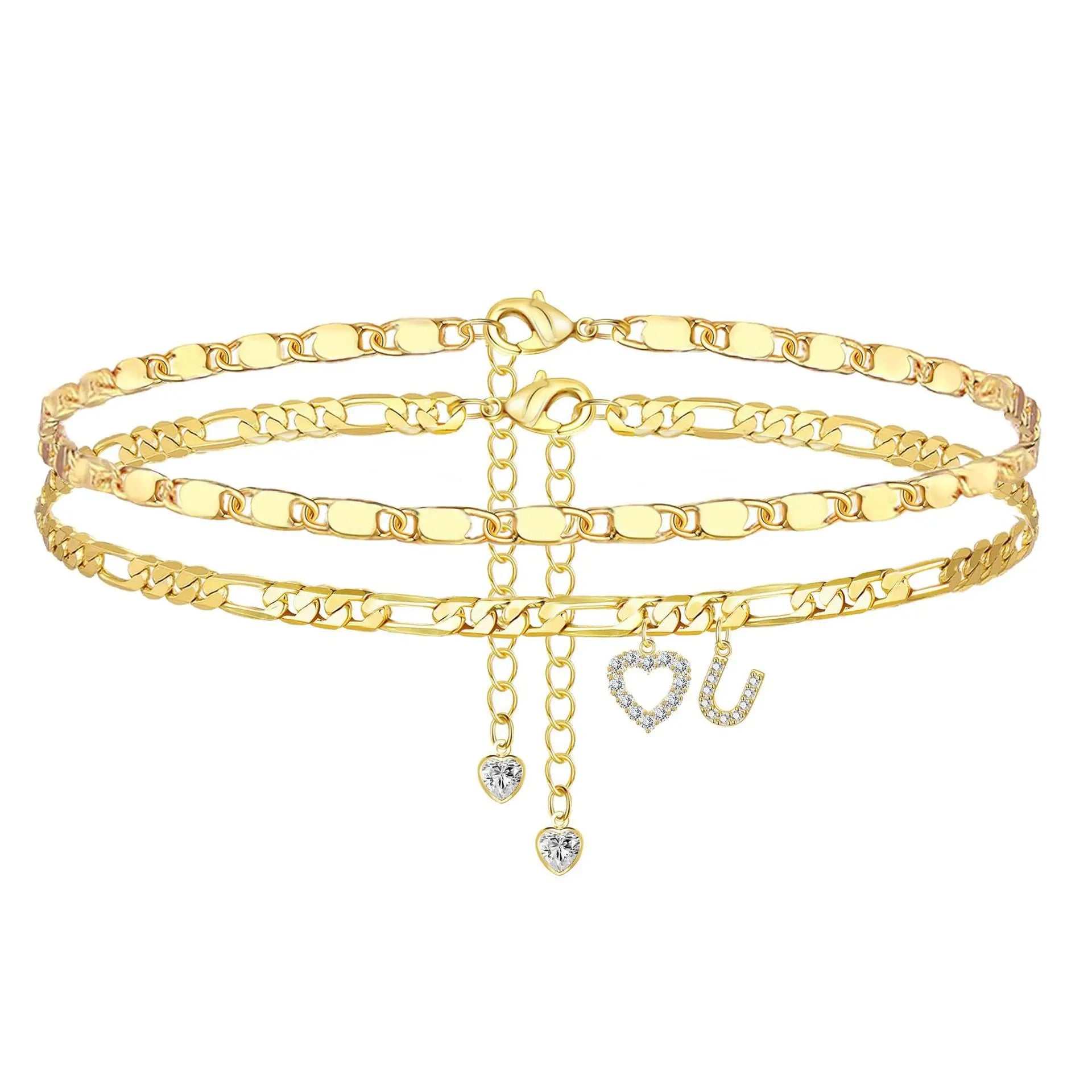 Gold Anklet Bracelet for Women Waterproof 18K Gold Plated Stainless Steel Figaro Hammer Chain Ankle Chain Bracelets Foot Jewelry