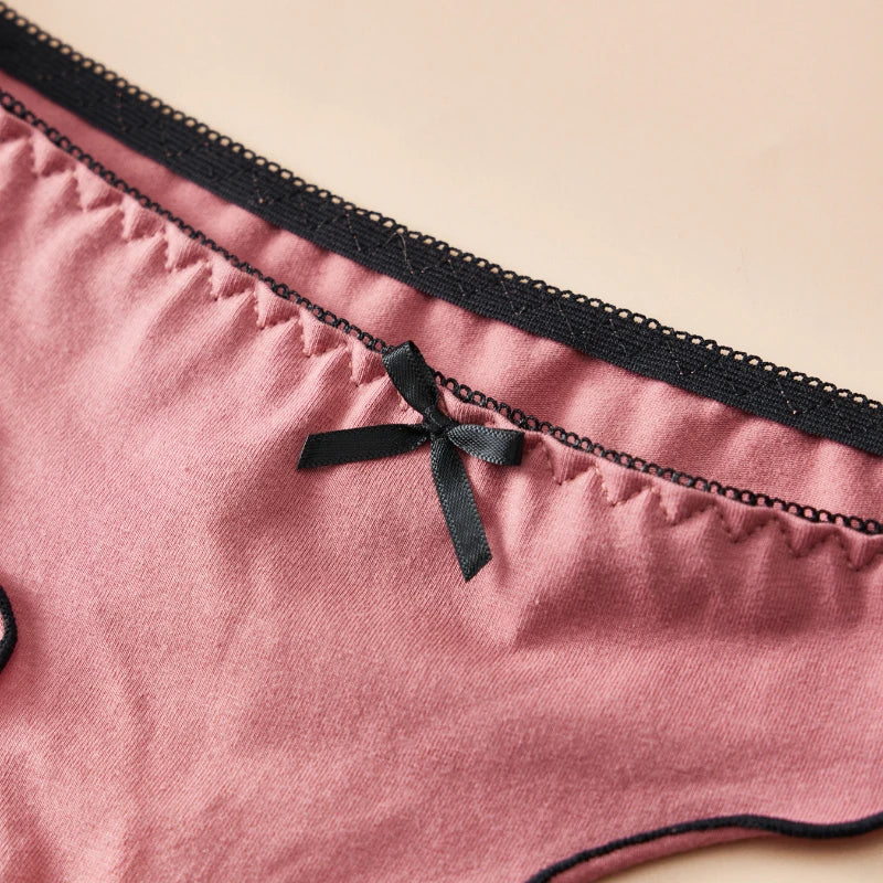 4pcs women's cotton solid color thong sexy comfortable women's underwear daily breathable T-back knitted bow cute girl low-waist