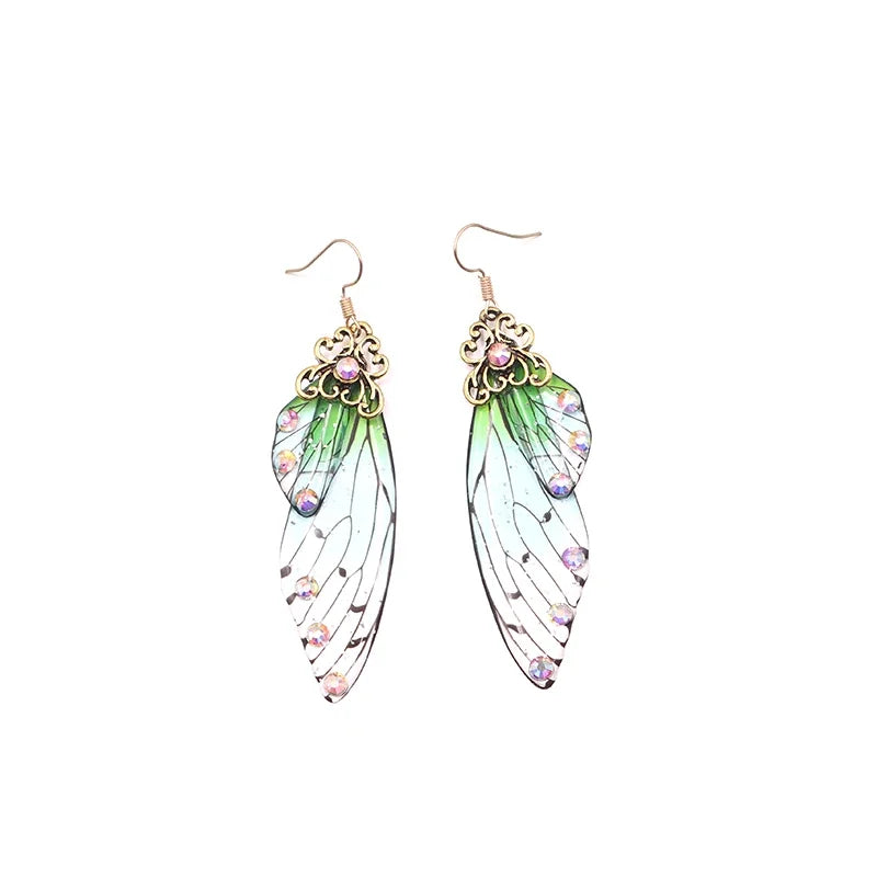 Handmade Fairy Simulation Wing Earrings Insect Butterfly Wing Drop Earrings Foil Rhinestone Earrings Romantic Bridal Jewelry