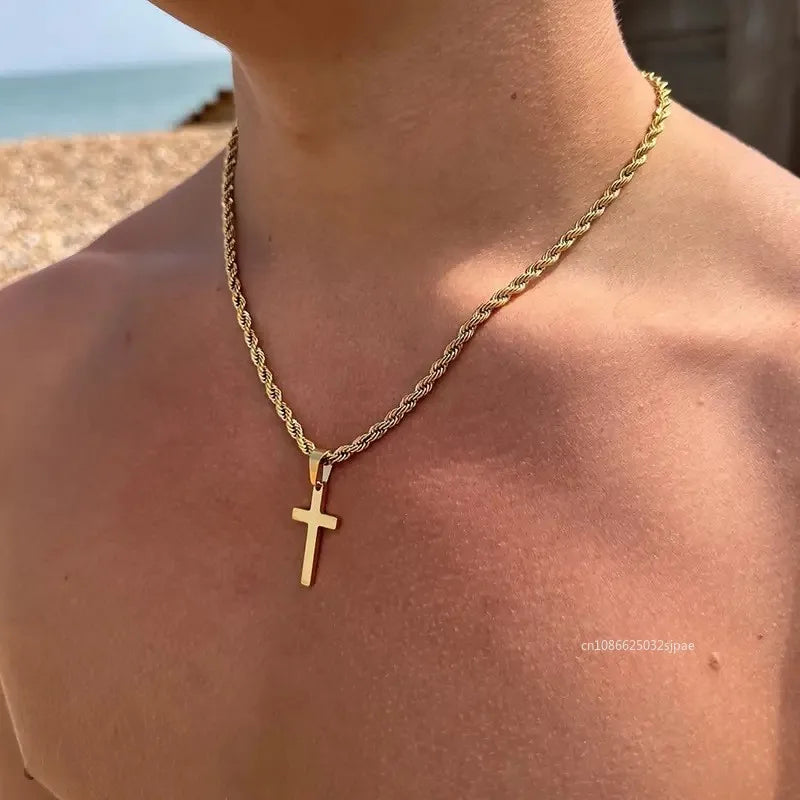 Fashion Cross Stainless Steel Necklace for Women Men Gold Color Pendant Stainless Steel Jewelry Collares Gifts Sweater Necklace