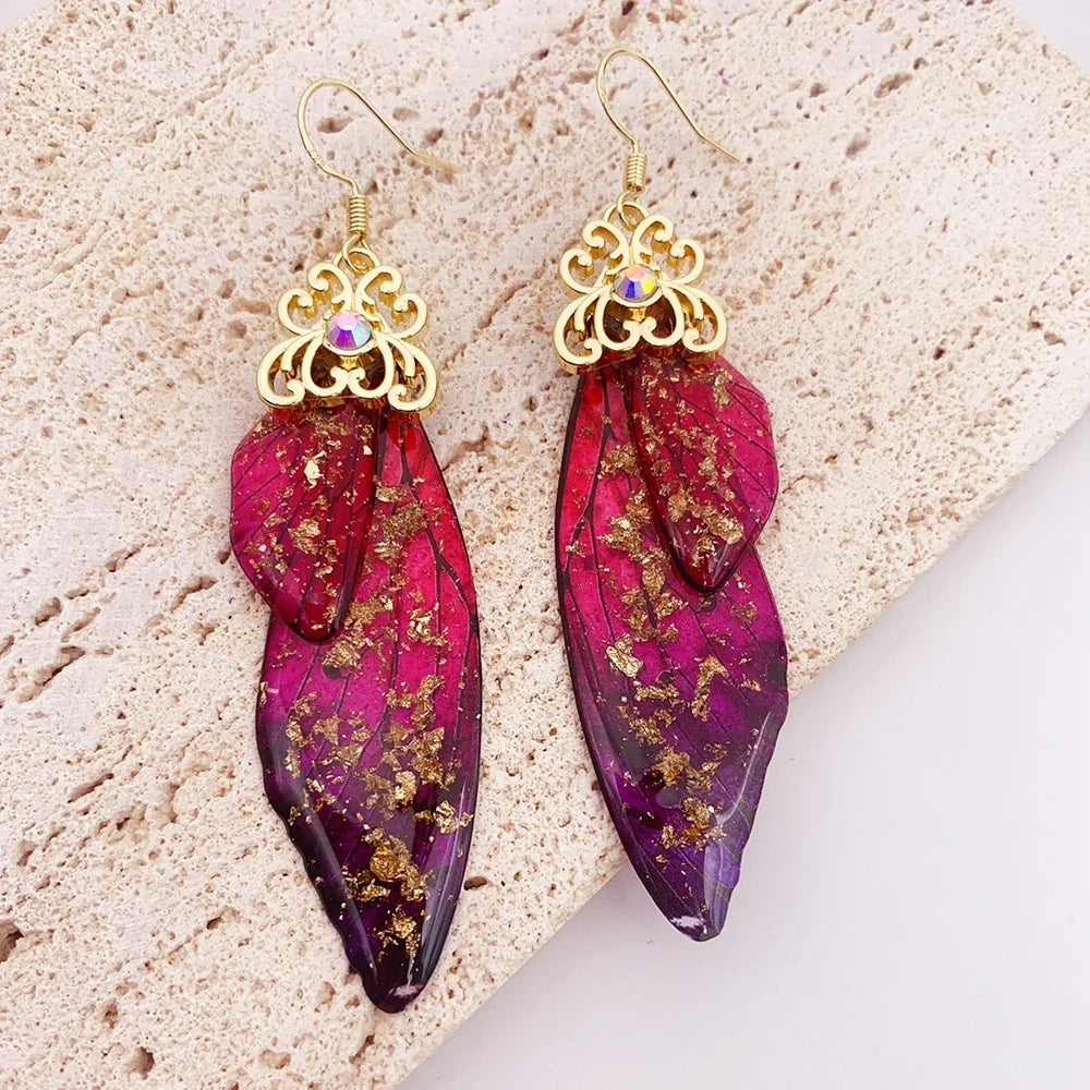 Handmade Fairy Simulation Wing Earrings Insect Butterfly Wing Drop Earrings Foil Rhinestone Earrings Romantic Bridal Jewelry