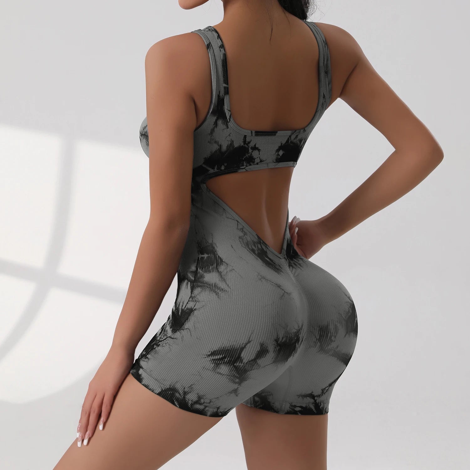 1PCS Tie Die Beautiful Back Yoga Suit Stretch Butt-Lifting Sports Jumpsuit Breathable Threaded Women Bodysuit without Pad