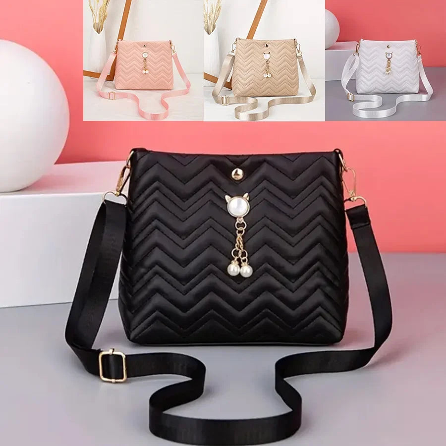 Elegant Quilted Crossbody Bag Stylish Women's Shoulder Purse Featuring Cat Pearl Pendant Ideal Valentine's Gift Novelty Purse