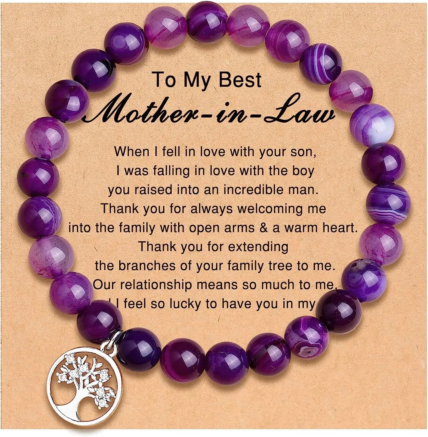 Purple Agate Bracelet Life Tree Card, Rhodochrosite Beaded Natural Stone Bracelet, Nana/Grandma/Mom Birthday Christmas Day Gifts