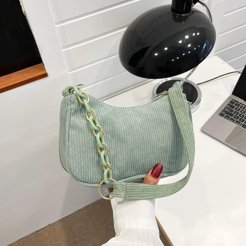 1pc Fashion Vintage Women Handbags Corduroy Underarm Bag Casual Women Shoulder Bags Solid Color Zipper Female Handbag Clutch