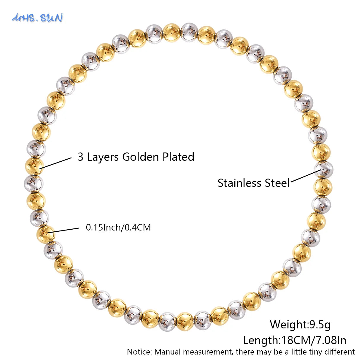 MHS.SUN Fashion Waterproof Smooth Stainless Steel Bracelets 2-10mm Elastic Beaded Gold Plated Stackable Bracelet Women Jewelry