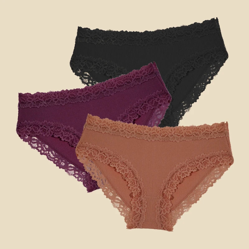 3PCS/Set Cotton Lace Underwear for Women Sexy Ribbed Floral Panties Comfortable Low-Waist Briefs Female Solid Comfort Lingerie