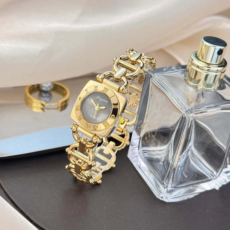 High-End Women's Skeleton Design Watch Square Roman Hour Markers Light Luxury Fashion Cross-Border Best-Seller Ladies Watch