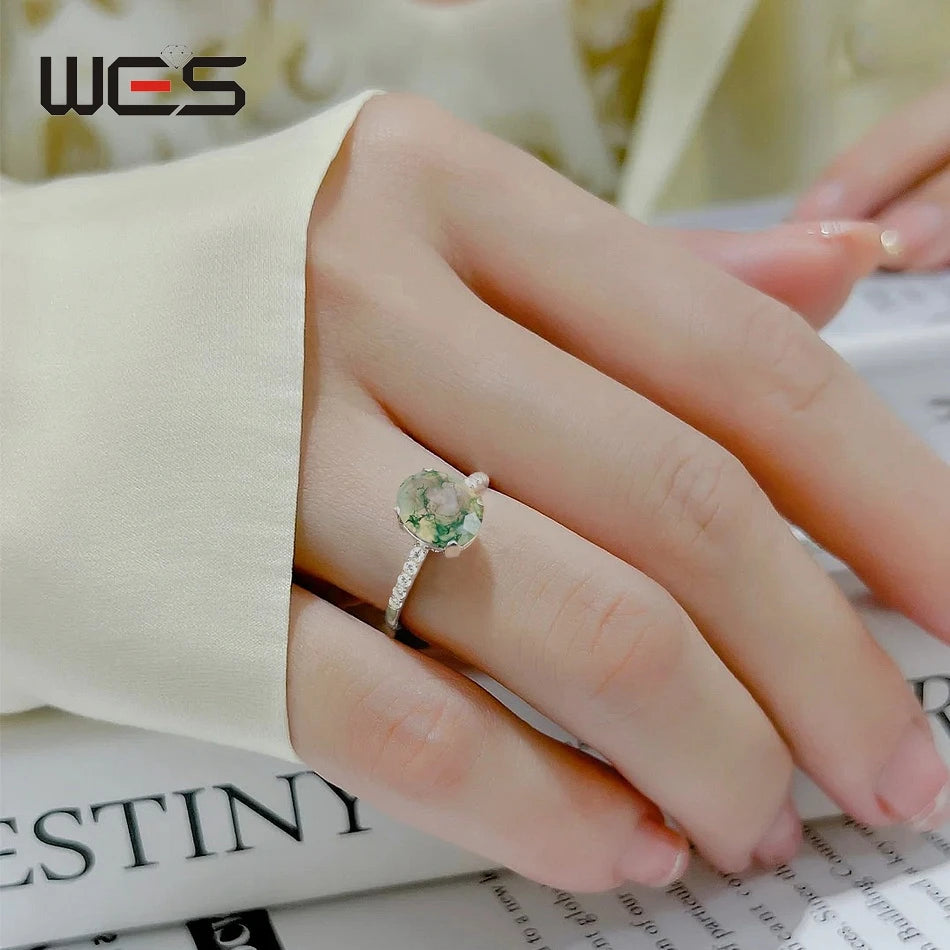 WES Oval Natural Birthstone Moonstone Promise Ring for Woman Aquamarine Moss Agate 925 Silver Jewelry Birthday Gift With Box