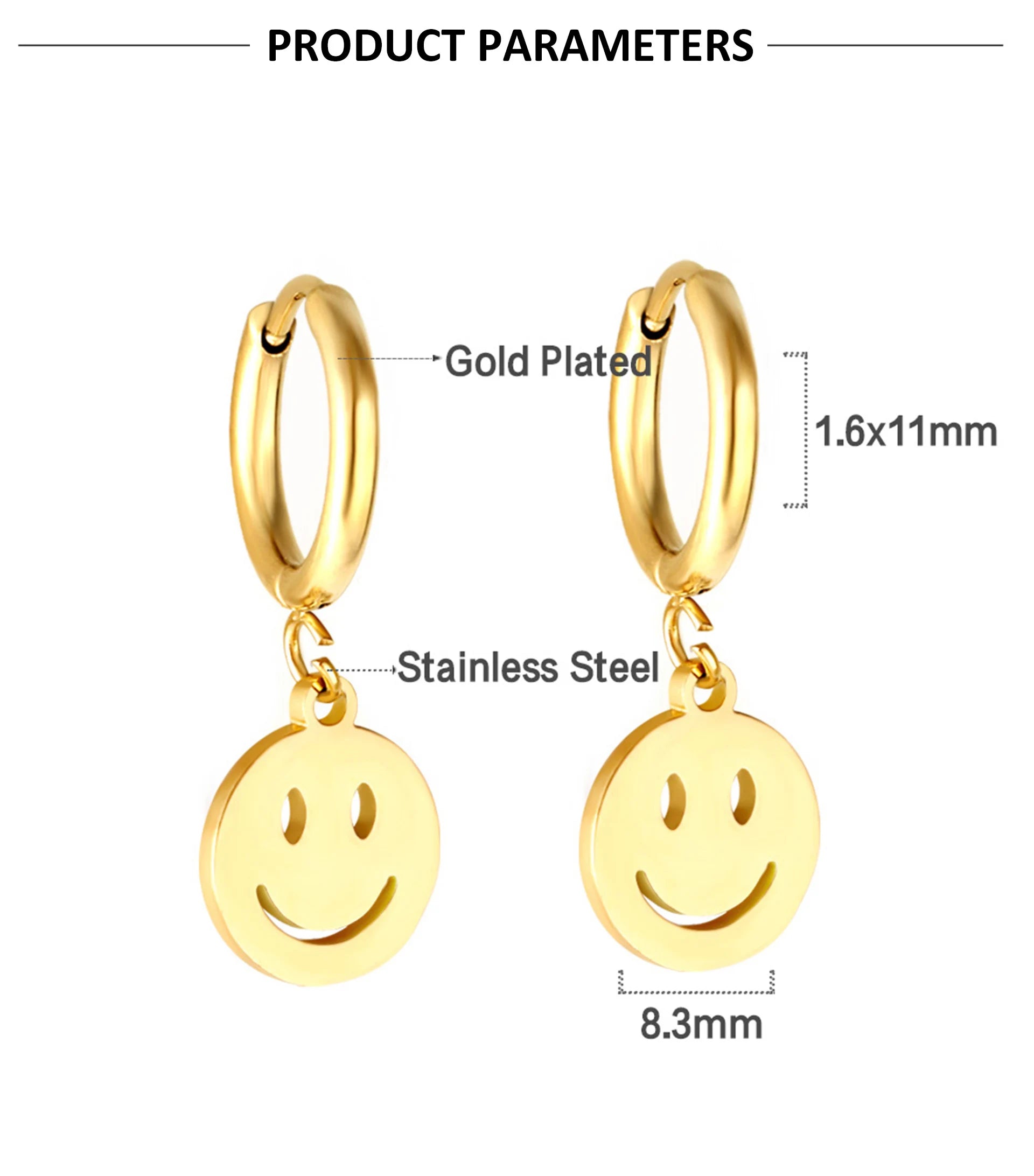 LUXUKISSKIDS Punk Smile Face Gold/Steel Color Drop Earrings Simple Hiphop Round Pendients Fashion Clips For Man/Woman/Girls