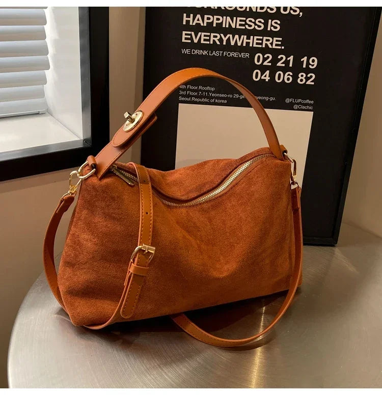 New Solid Color PU Zipper Women's Bag Suede Large Capacity Women's Shoulder Bag Fashion Versatile Casual Dual Purpose Handbag