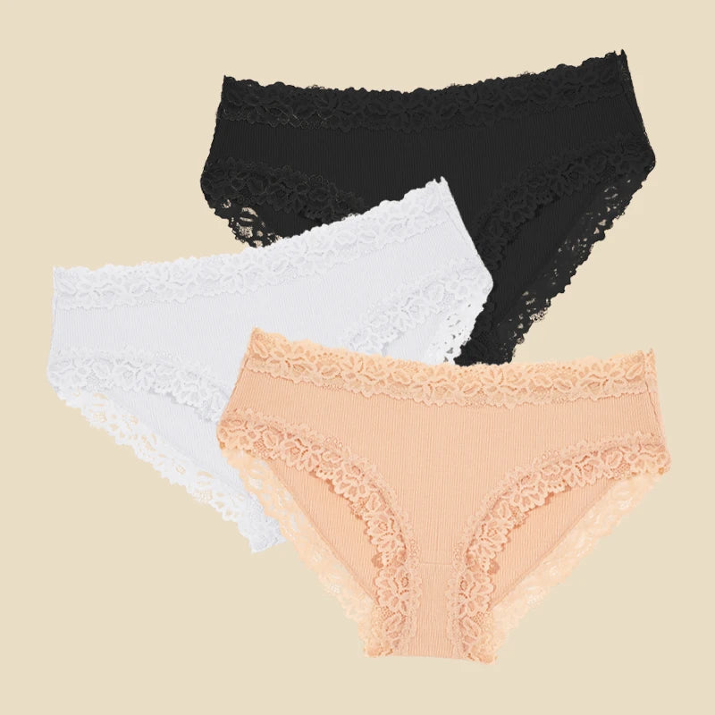 3PCS/Set Cotton Lace Underwear for Women Sexy Ribbed Floral Panties Comfortable Low-Waist Briefs Female Solid Comfort Lingerie