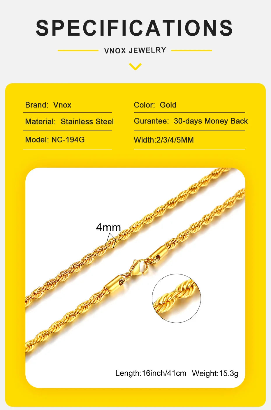 Vnox Dainty Gold Color Rope Chain Necklaces for Women Men,Chic Twisted Collar, Waterproof Stainless Steel Link 2/3/4/5mm Width