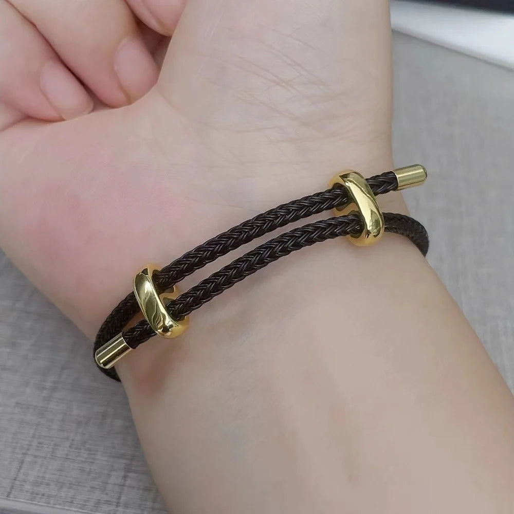 Braided Rope Bracelet Adjustable for Women with Stainless Steel Charms Arm Stacking Jewelry