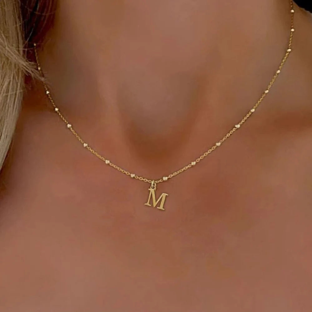 Gold Color A-Z English Initial Letter Pendant Necklace For Women Metal Jewelry Stainless Steel Chain Necklaces Simple Choker