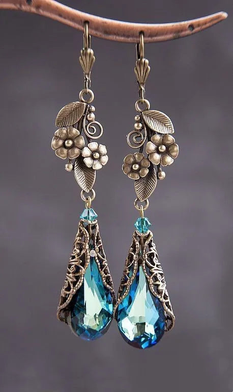 Delicate Gorgeous Flower Leaf Geometry Earrings for Women Gold Color Blue Stone Party Dangle Earrings Jewelry