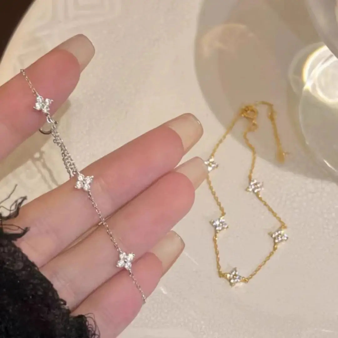 S925 Sterling Silver Zircon Flower Bracelet - 18K Gold Korean Design