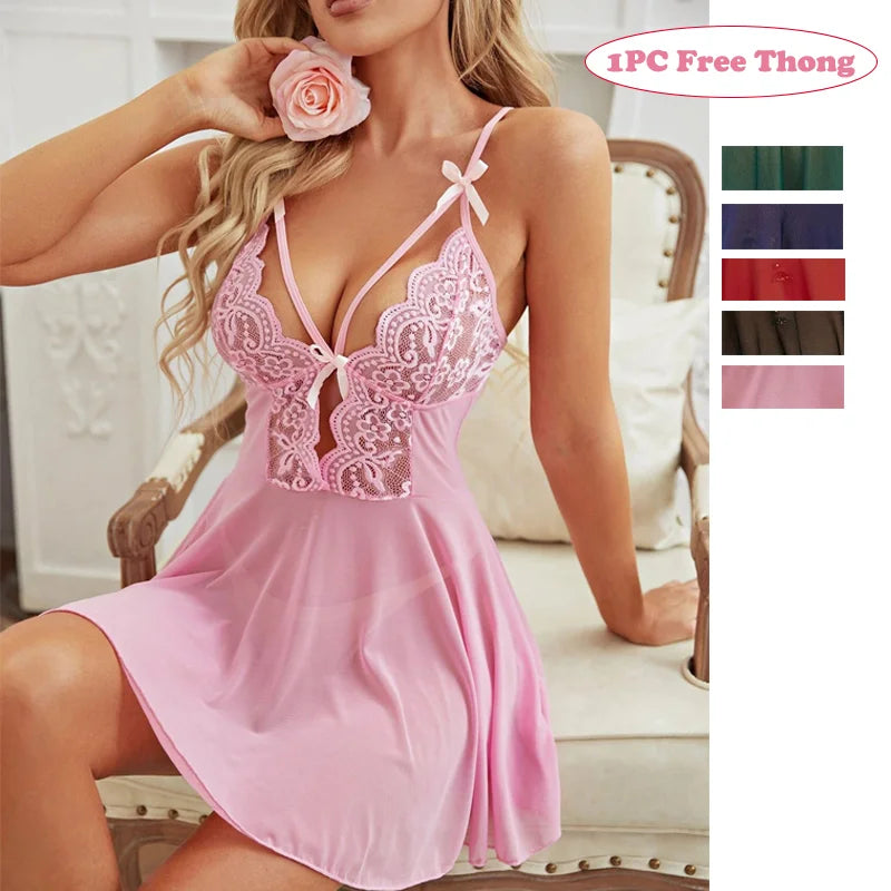 Exotic Female Underwear Nightgown Sexy Lingerie Women Crotchless Sleepwear Pajamas Lace Night Dress Costumes G-string