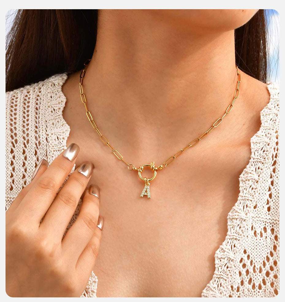 Vnox Women's Trendy Letters Necklaces With CZ Zircon, Stainless Steel 18K Gold Plated Pendant, Fashion Charm A-Z Accessories