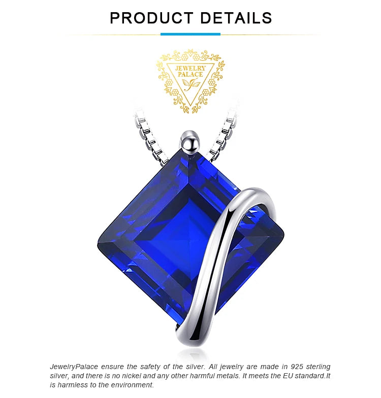 JewelryPalace 3.3ct Square Created Blue Sapphire 925 Sterling Silver Pendant Necklace for Women Gemstone Fine Jewerly No Chain
