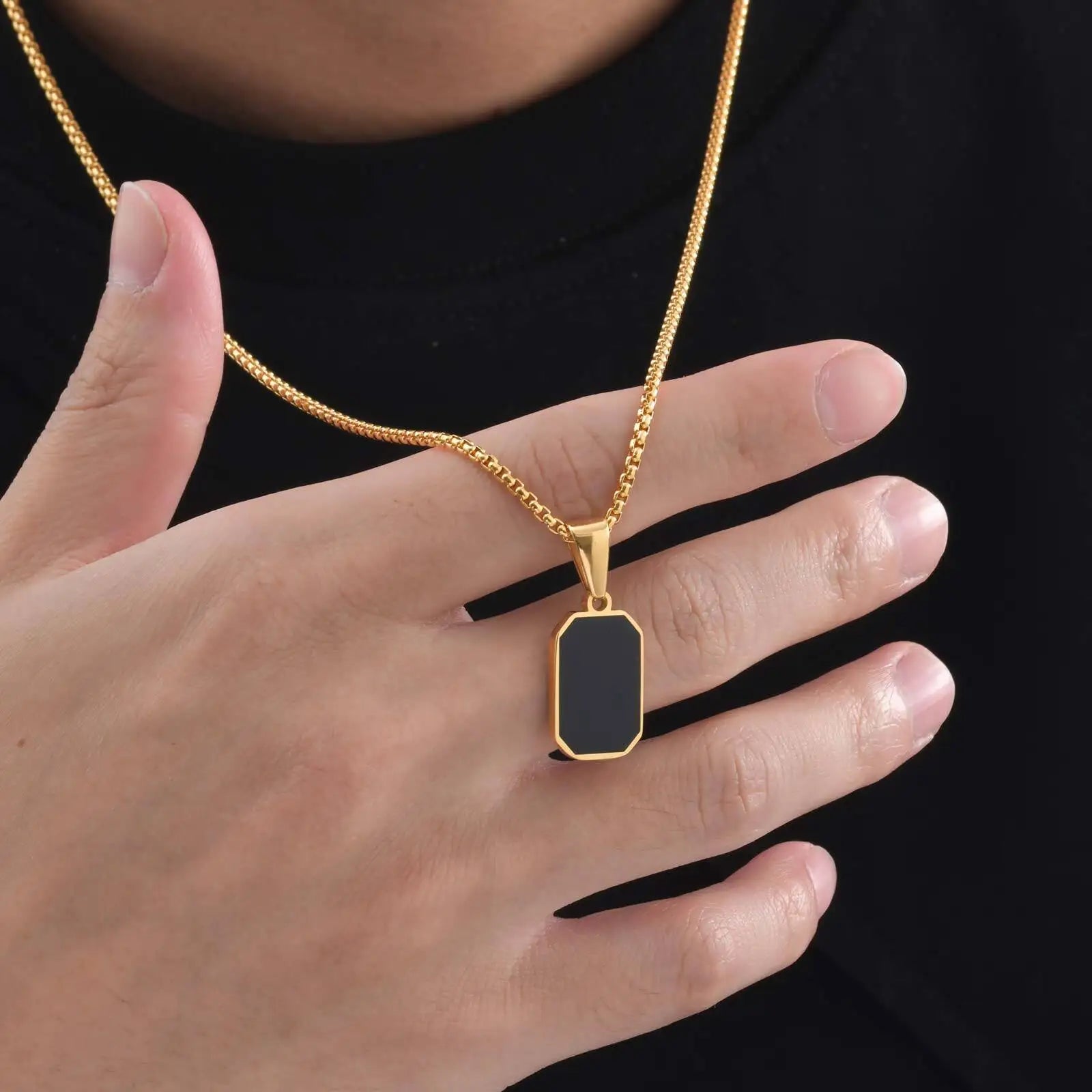 Casual Mens Geometric Square Necklaces,Black Enamel Rectangle Pendant with Rope Box Long Chain Collar,Stylish Jewelry Gifts