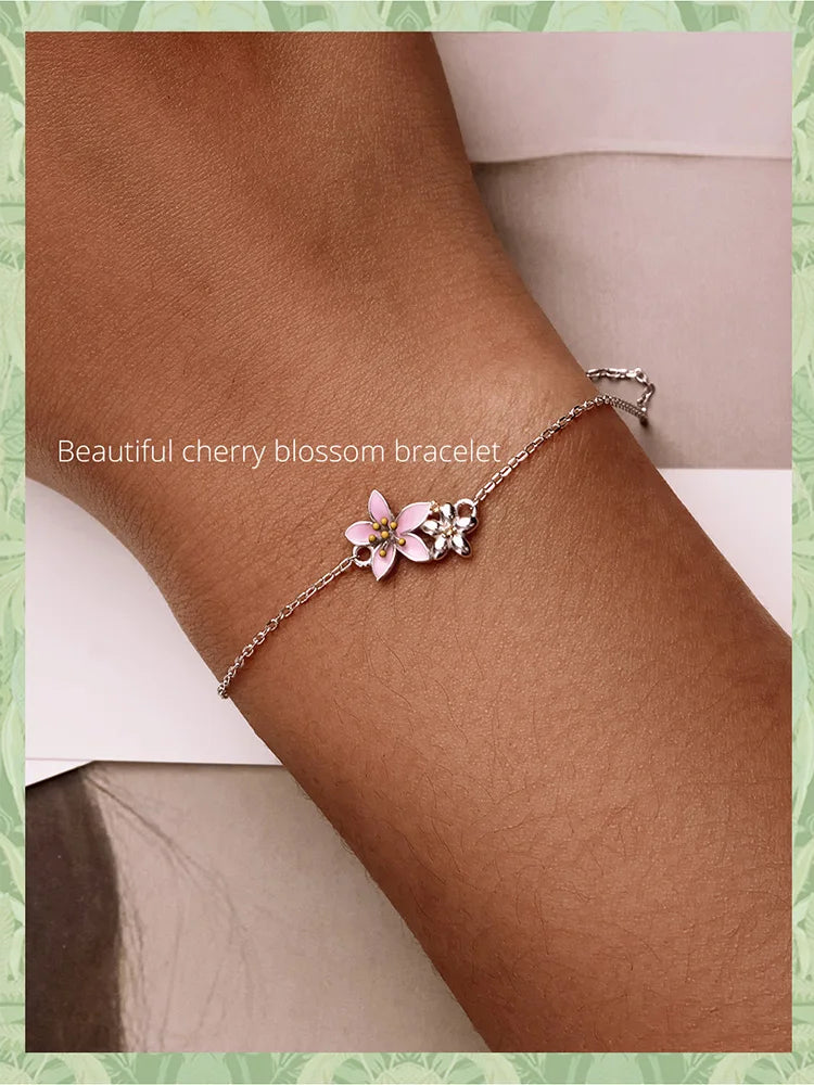 WOSTU 925 Sterling Silver Original Pink Sakura Bracelet Adjustable MINI Bracelet Chain Link Fit MINI Pendant Fashion Jewelry