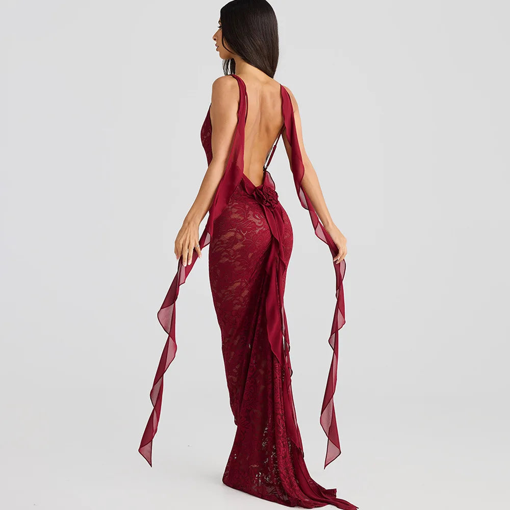 Articat Sexy Sleeveless Lace Patchwork Print Women Backless Party Evening Dress 2024 New Trailing Long Skirt Flowing Vestido