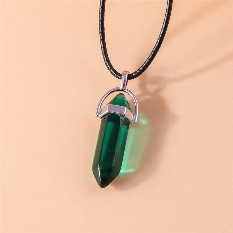 Natural Stone Quartz Lapis Opal Amethyst Pink Crystal Stone Hexagonal Column Pendant Necklaces Leather Chain Bullet Necklace