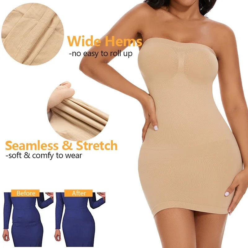 Full Slip Shapewear - Off Shoulder Strapless Body Shaper Dress