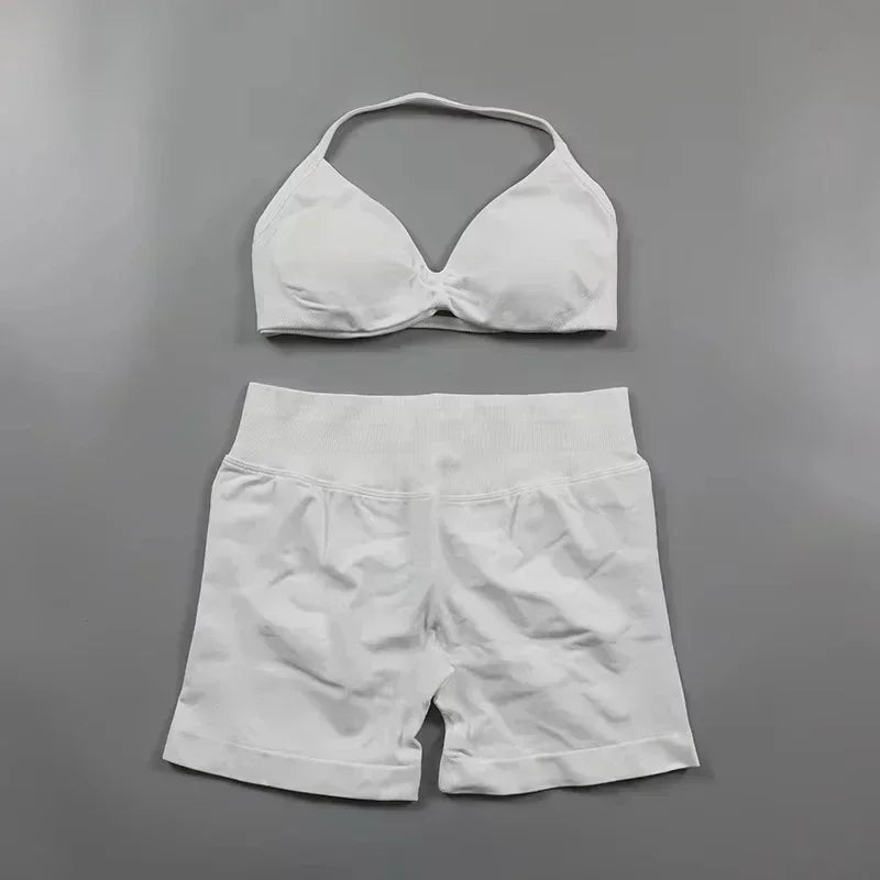 Seamless Sportswear Workout Set Women Two Piece Strappy Yoga Bra Top Scrunch Shorts Gym Clothes