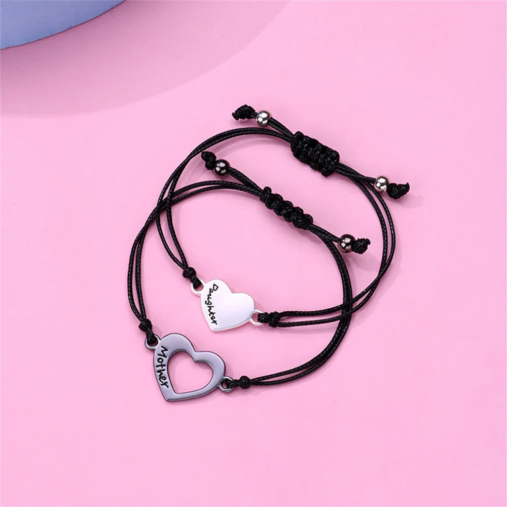 2Pcs Mother and Daughter Hollow Heart Braided Bracelet Adjustable Love Wrist Rope Bangle DIY Jewelry Accessories Festival Gifts