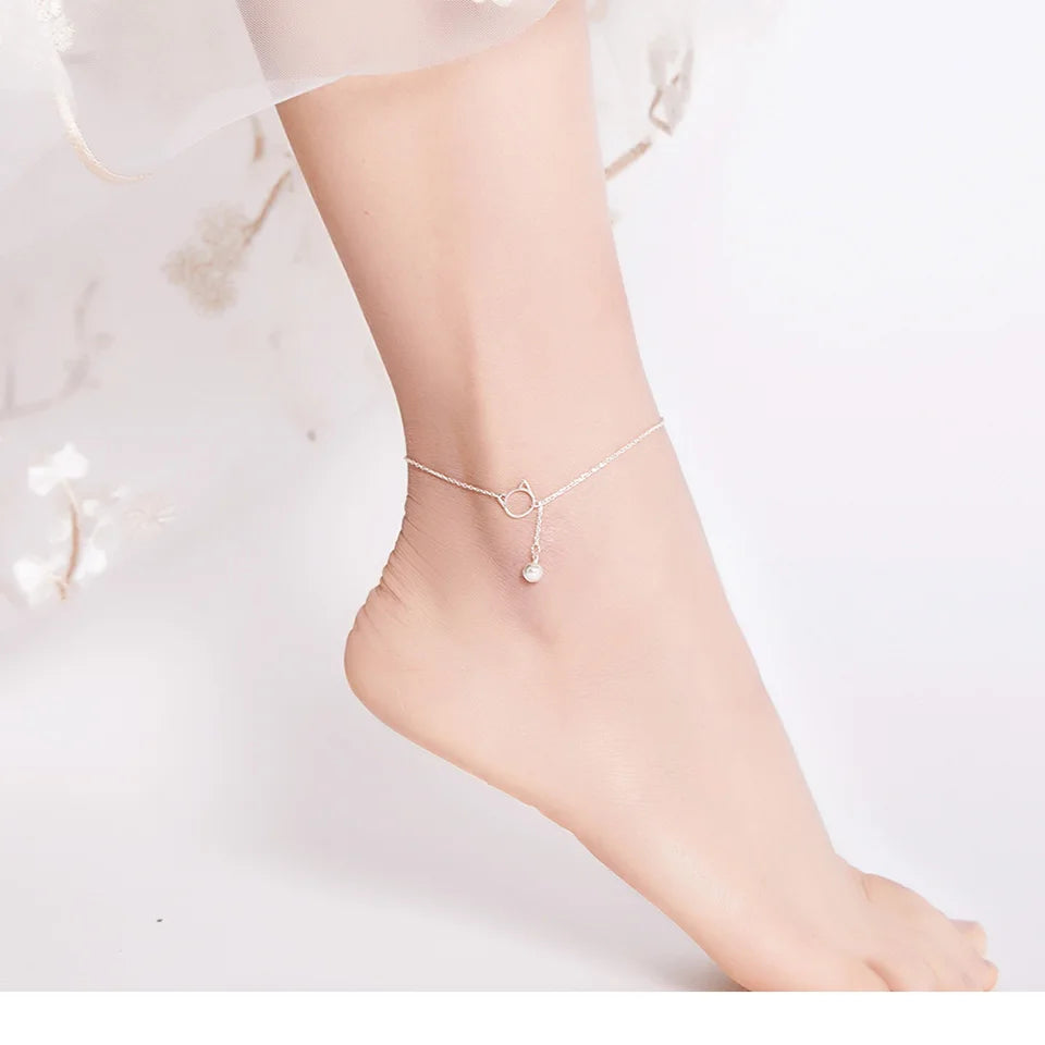 BISAER 925 Sterling Silver Round Beads Anklets,Waterproof Hypoallergenic Infinite Love Chain For Women Fine Jewelry Holiday Gift