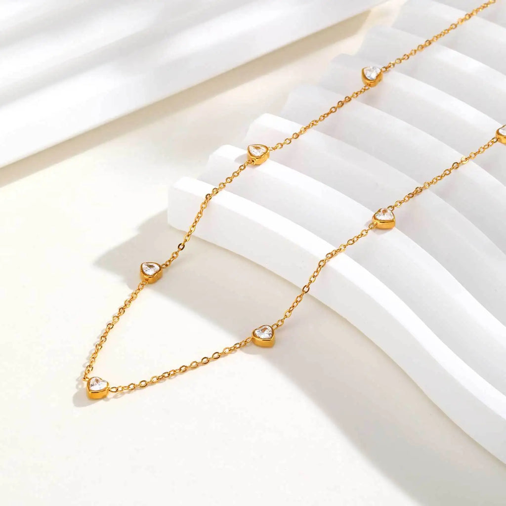 Vnox Shiny CZ Stones Heart Chain Necklace For Women,18k Gold Plated Simple 45cm Length Collar, Love Statement Jewelry Gift