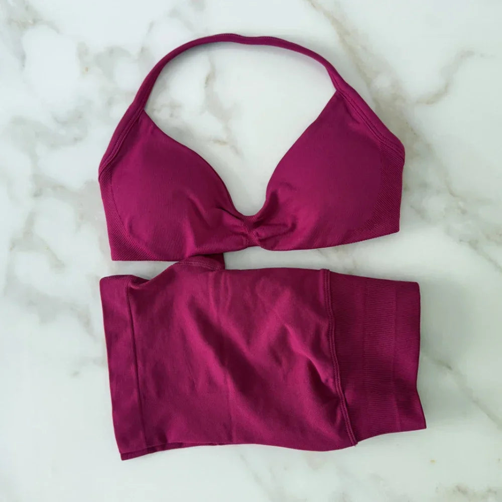 Seamless Sportswear Workout Set Women Two Piece Strappy Yoga Bra Top Scrunch Shorts Gym Clothes