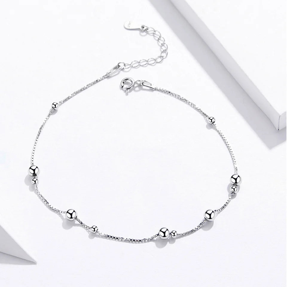 BISAER 925 Sterling Silver Round Beads Anklets,Waterproof Hypoallergenic Infinite Love Chain For Women Fine Jewelry Holiday Gift