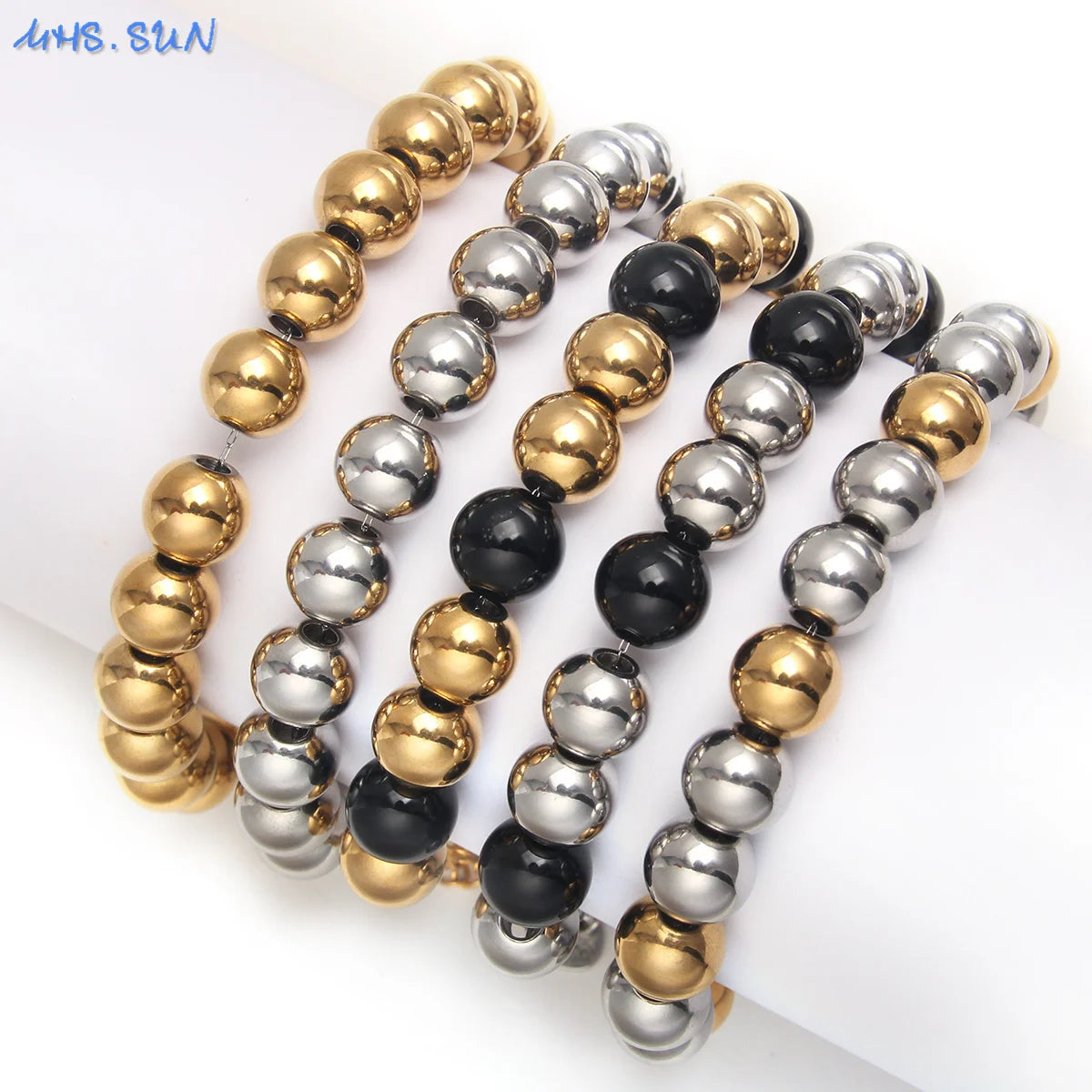 MHS.SUN Waterproof Smooth Beads Bracelet Adjustable Gold Silver Color Stainless Steel Round Balls Bracelets Unisex Party Jewelry