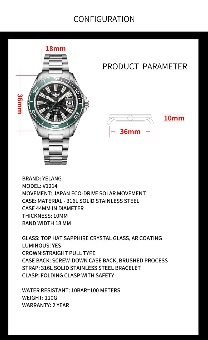 Yelang V1214 Solar Watch - Japan Eco-Drive Sapphire 100M Waterproof