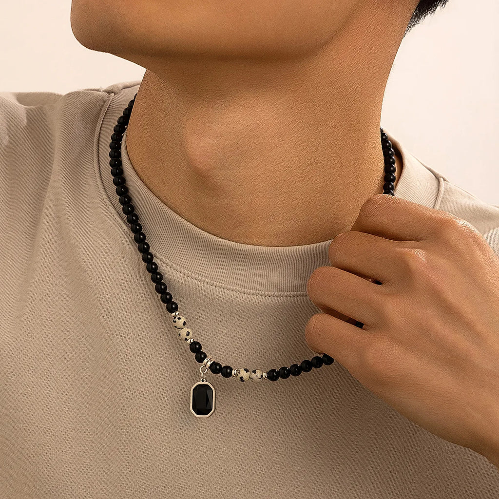HNSP Black Crystal Pendant Bead Rosary Necklace For Men Jewelry Accessories