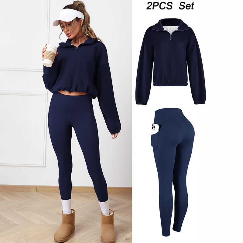 2PCS Thermal Yoga Set Fleece Fintness Suit Women's Sports Set  Fleece Pullover Sweatshirt with Non-fleece-lined  Leggings