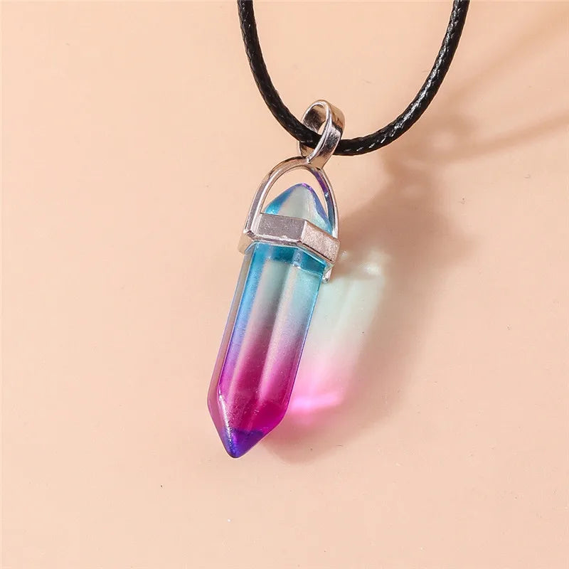 Natural Stone Quartz Lapis Opal Amethyst Pink Crystal Stone Hexagonal Column Pendant Necklaces Leather Chain Bullet Necklace