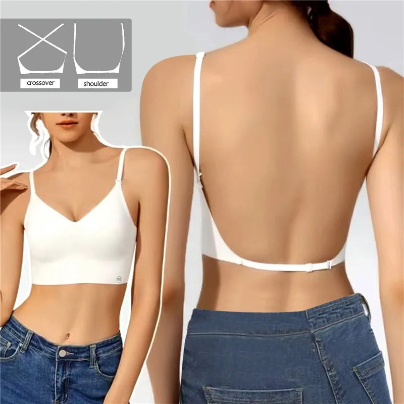 Women Invisible Bra Deep U Plunge Bras Backless Top for Dresses Sexy Lingerie with Transparent Strap Push Up Strapless Underwear