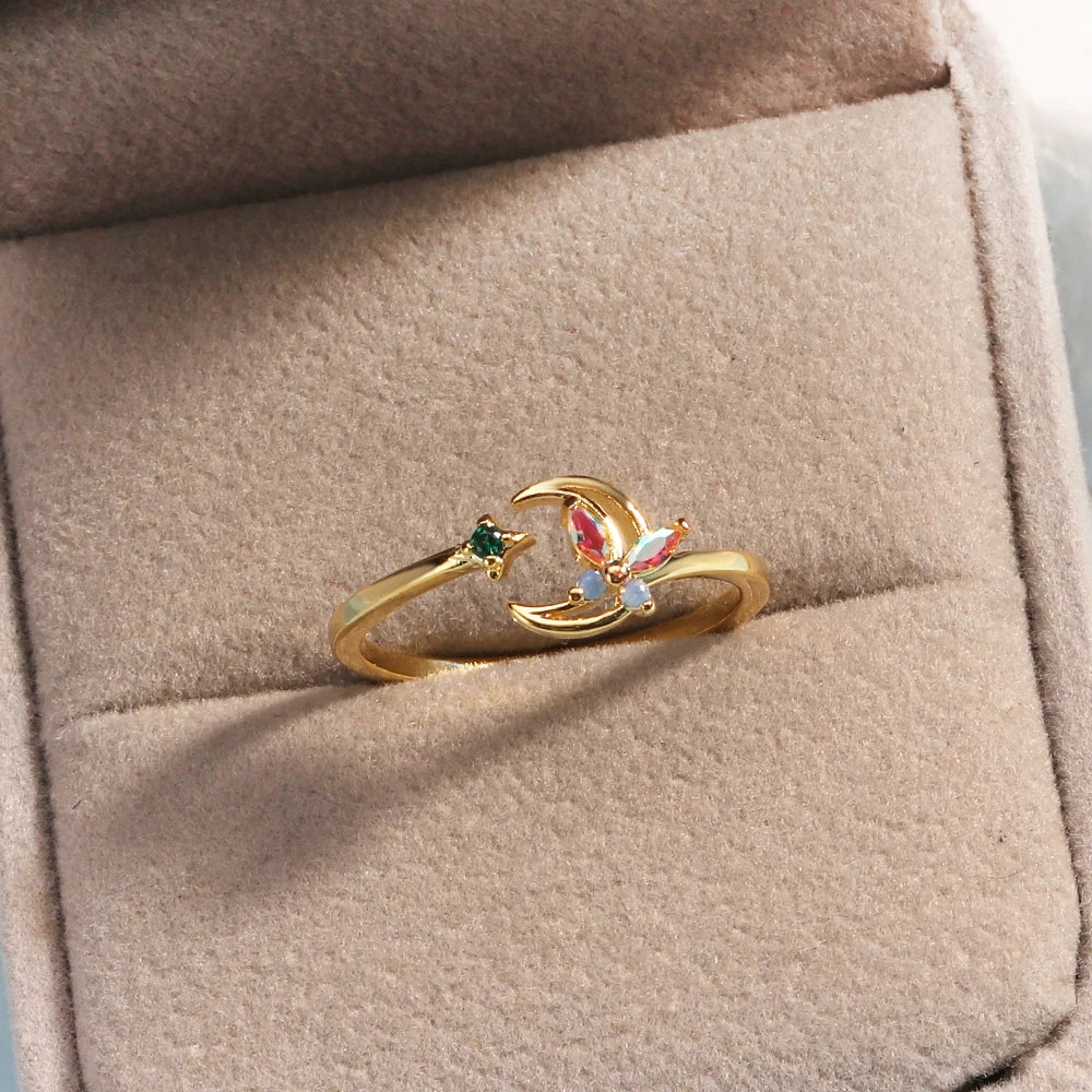 Fashion Moon Heart Flower Butterfly Rings For Women Sweet Girls Exquisite Shiny Rhinestone Crystal Open Ring 2025 Romantic Jewel