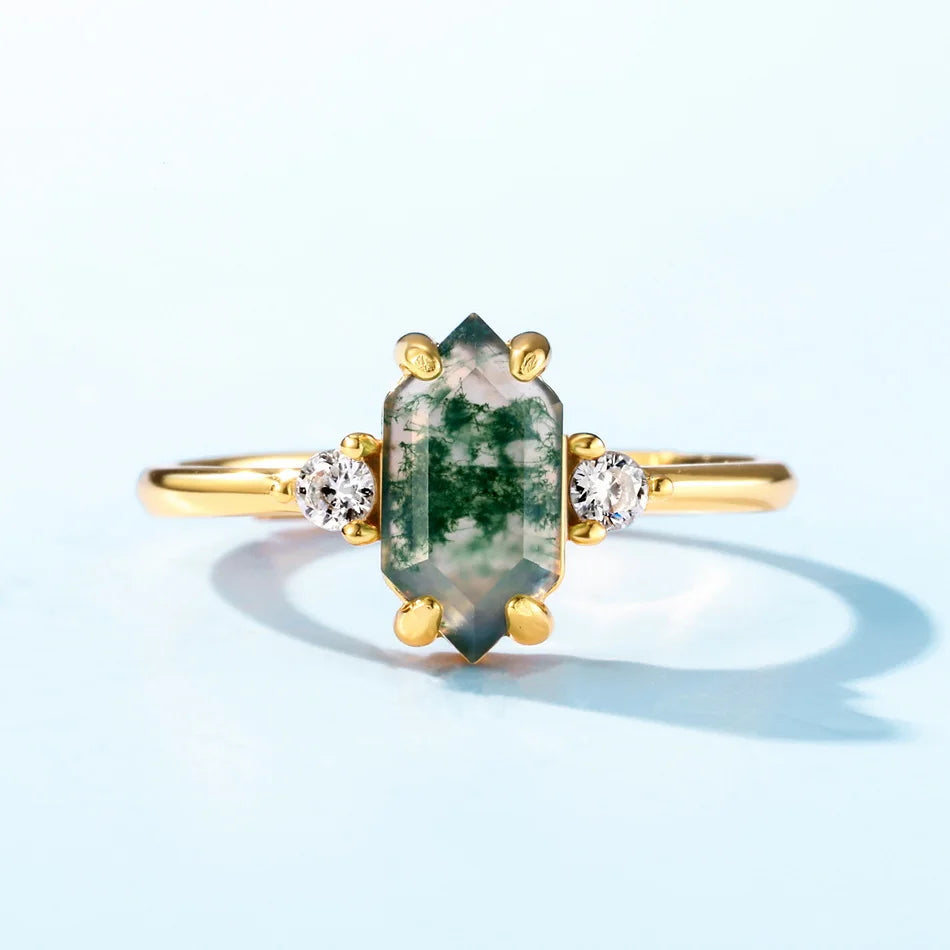 WES 925 Sterling Silver Open Ring for Woman Classic Unique Green Moss Agate Crystal Ring Engagement Gift Wholesale Oval Cut