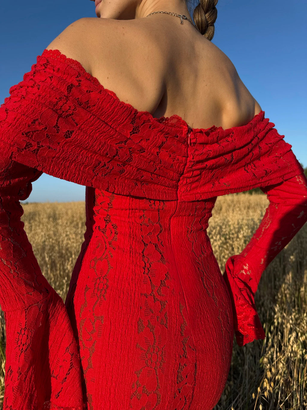 Suninheart Wedding Guest Dress - Off Shoulder Lace Flare Sleeve Maxi