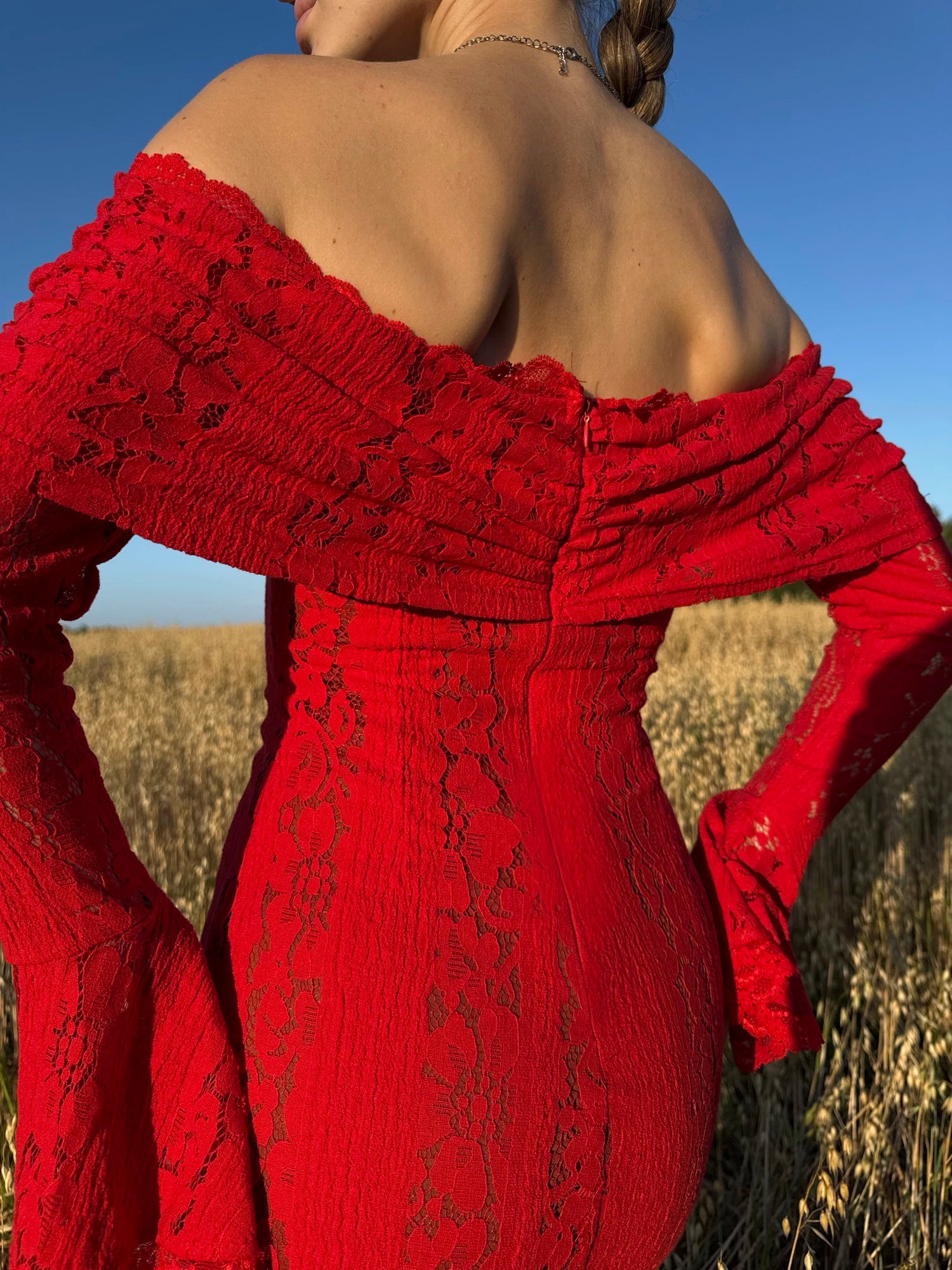 Suninheart Wedding Guest Dress - Off Shoulder Lace Flare Sleeve Maxi