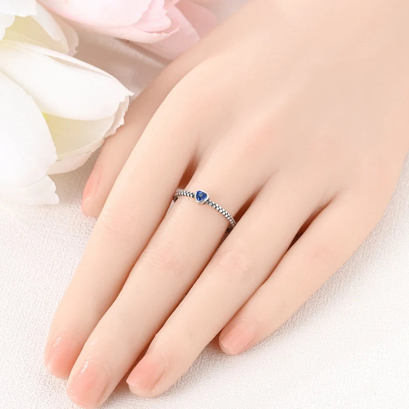 VAMO Original 925 Sterling Silver Woman Ring Vintage Dew Pearl Blue Heart Rings Sparkling Wedding Ring Girls Jewelry Anniversary