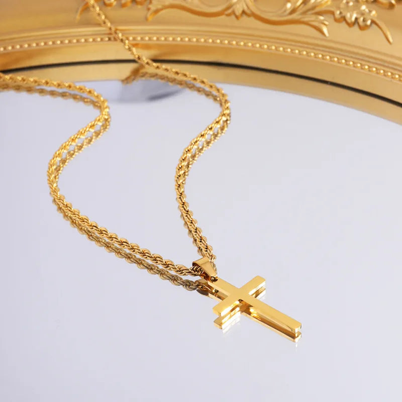 Fashion Cross Stainless Steel Necklace for Women Men Gold Color Pendant Stainless Steel Jewelry Collares Gifts Sweater Necklace